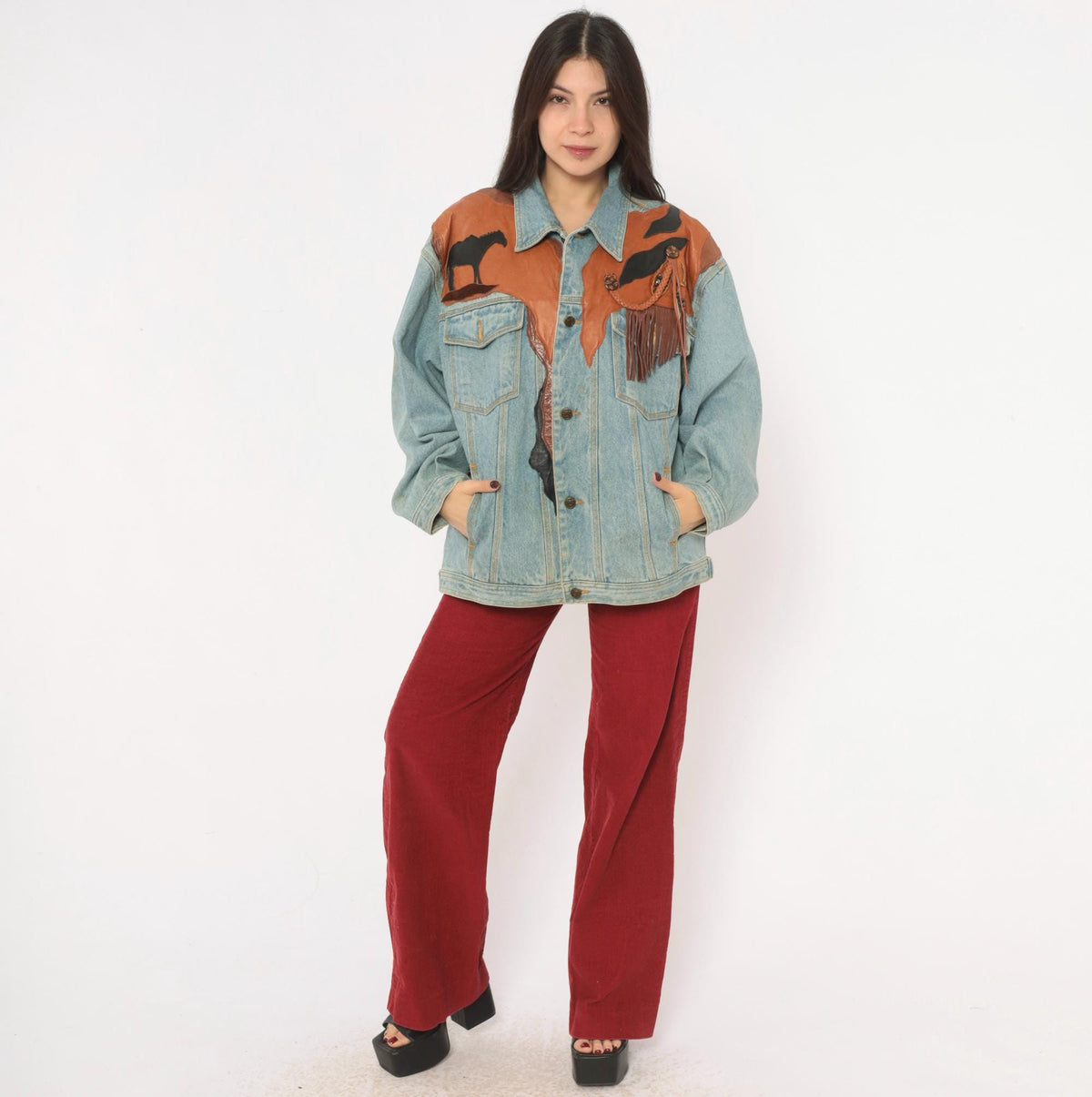 90s Petra C. Wall Denim Jacket Western Leather Cowboy Horse Patchwork Light Blue Medium M