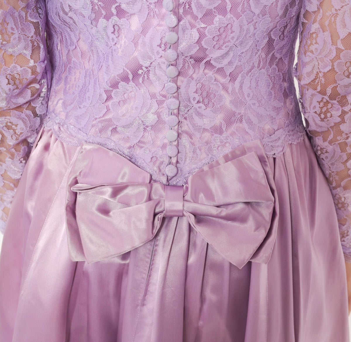 80s Lavender Lace Midi Dress Puff Sleeve Satin Purple V Neck Small