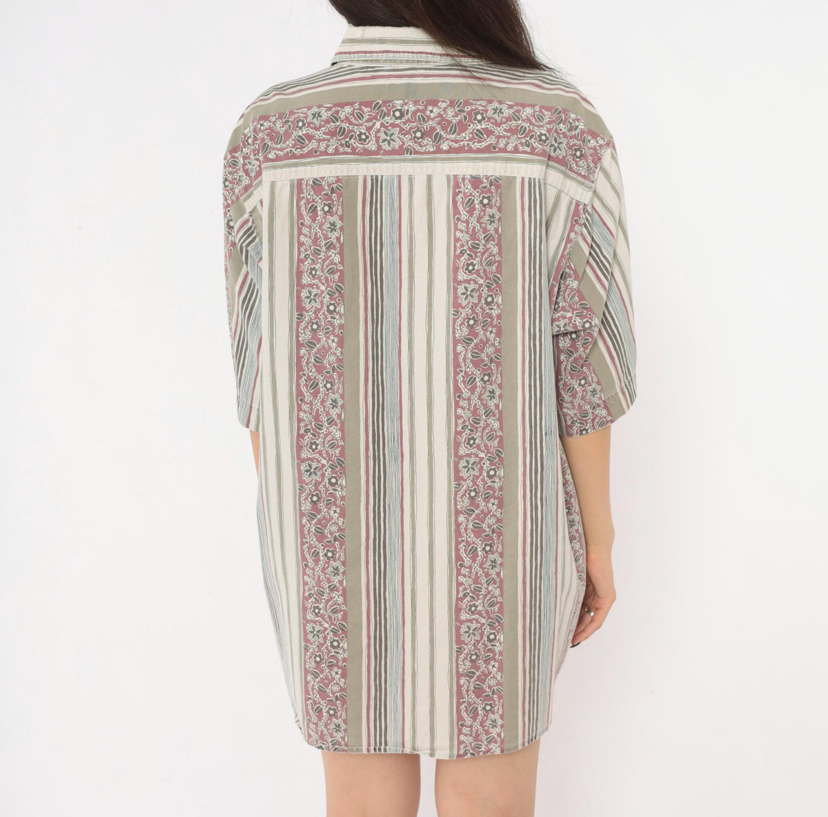 90s Key Elements Striped Floral Cotton Shirt Cream Rust Extra Large XXL