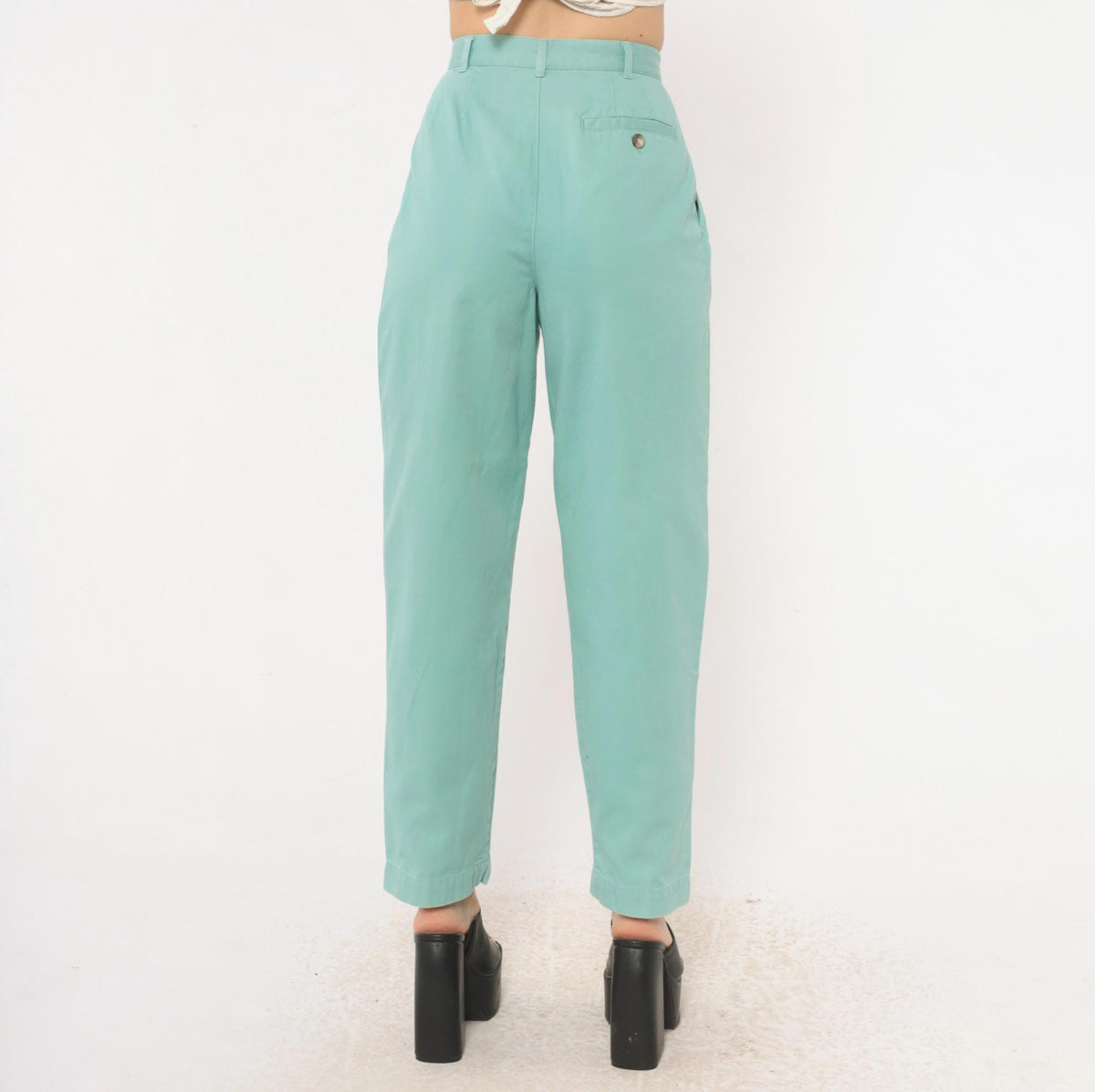80s Petite Sophisticate Baby Blue Cotton High-Waist Pleated Tapered Trousers Extra Small