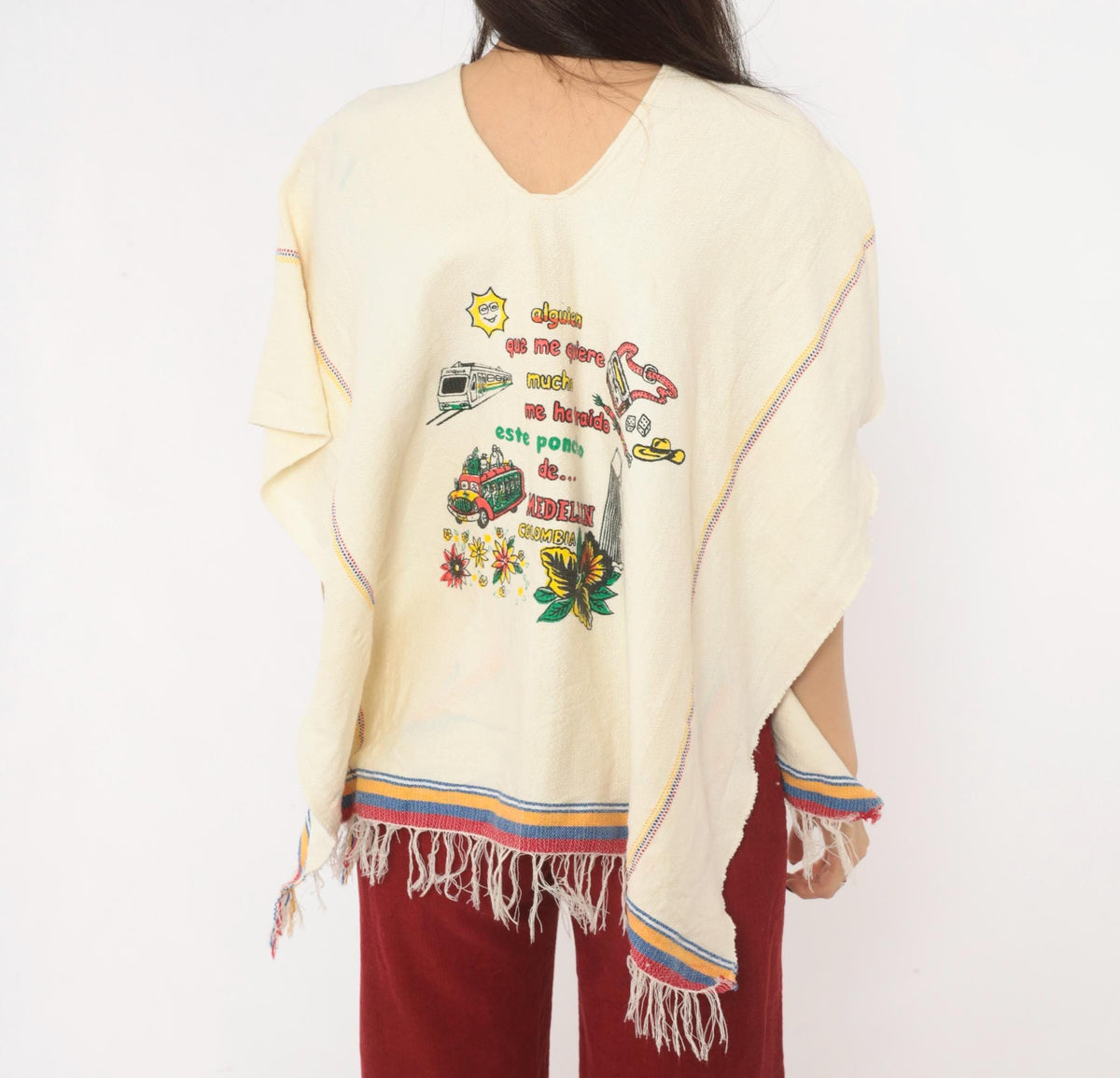 80s Medellin Colombia Souvenir Poncho Cream Cotton Graphic V Neck Fringe One Size