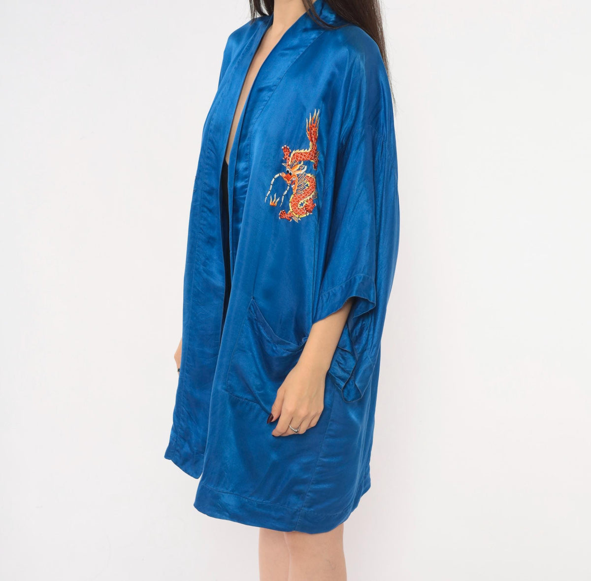 90s Golden Deer Silk Kimono Robe Cobalt Blue Dragon Embroidered Medium