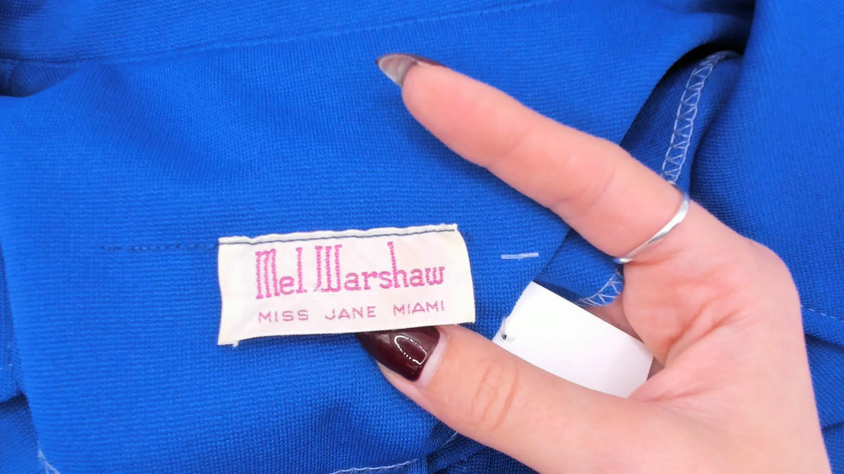 70s Mel Warshaw Cobalt Blue Knit Blouse Trompe L'oeil Belt Buckle Print Medium M