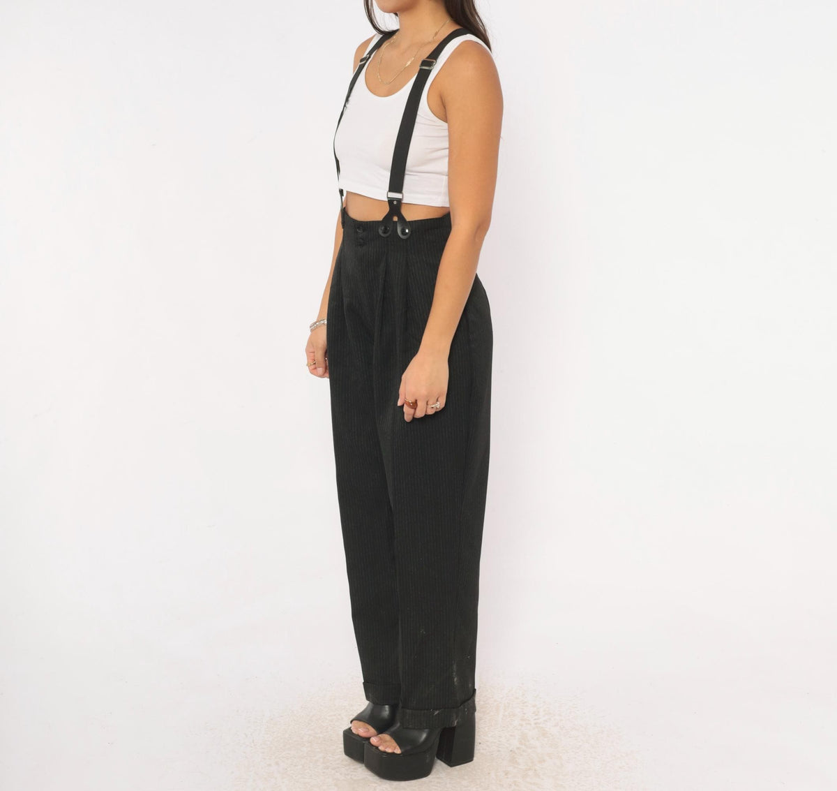80s 7th Alternative Pinstripe Trousers Black High Waist Pleated Tapered Small S