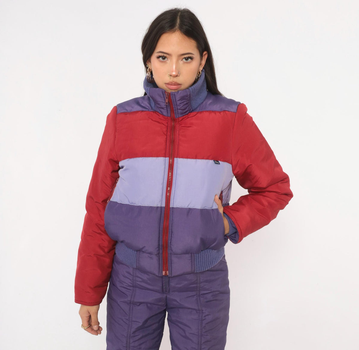 80s Serac Color Block Ski Jacket Purple Red Lavender Cropped Bomber Small S