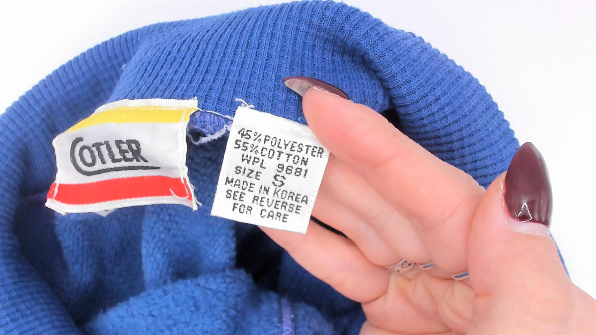 80s Cobalt Sweatshirt Chevron Quilted Panel Collared Cotler Small