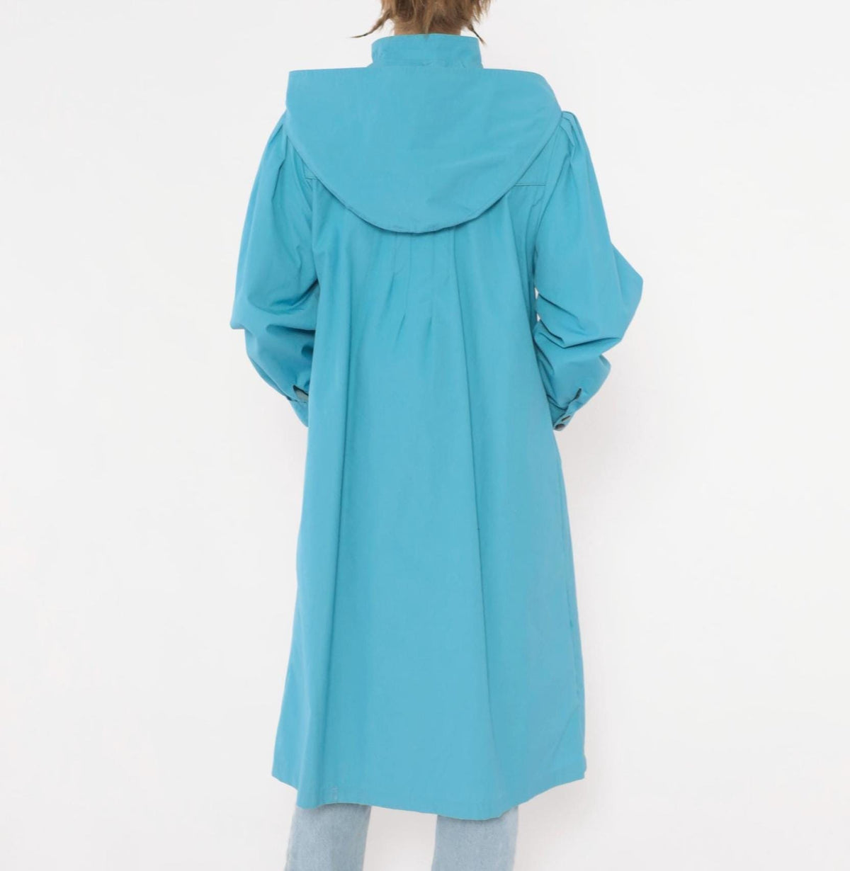 70s Blue Hooded Raincoat Snap Front Trench Puff Sleeve Medium