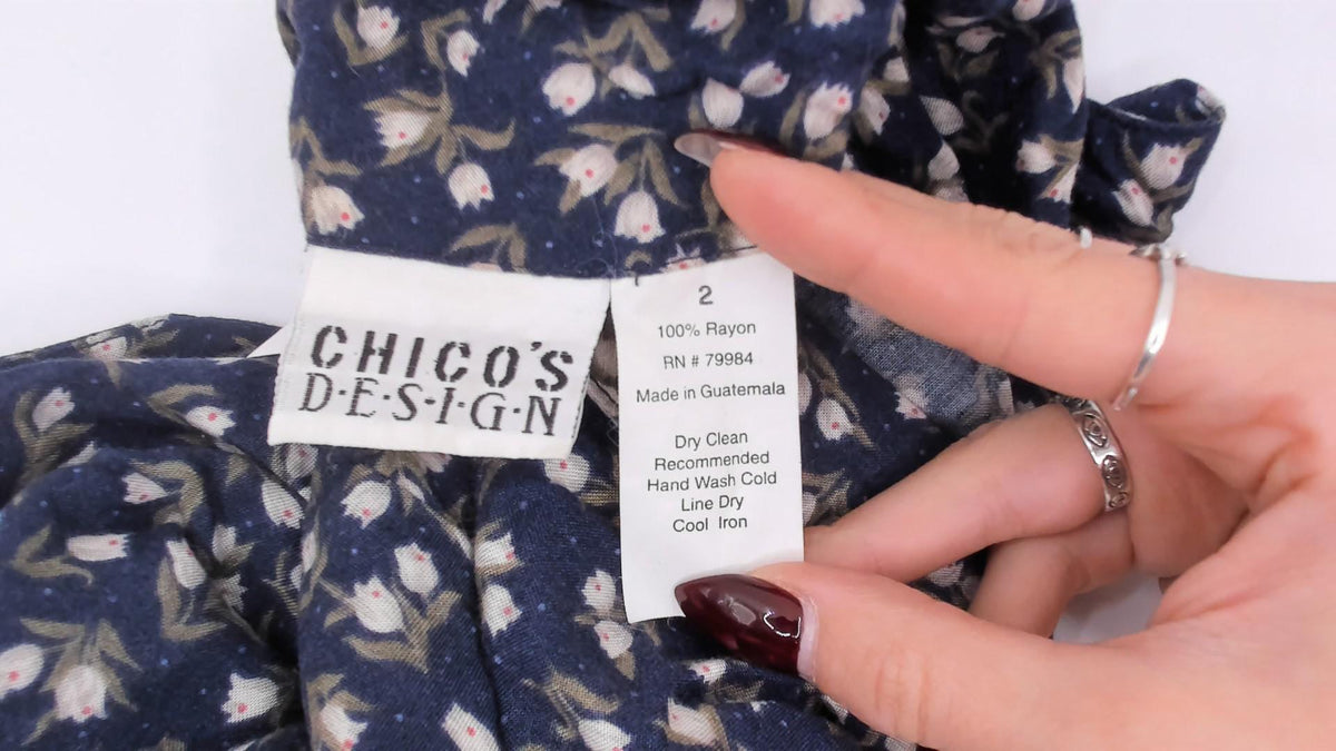 90s Chico's Design Navy Floral Midi Shirt Dress Pearl Buttons Medium M