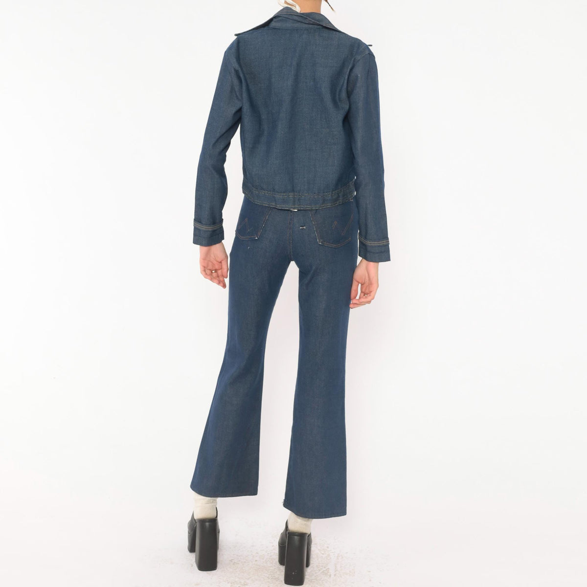 80s Bogart of Texas Denim Two Piece Set Cobalt Blue Cropped Jacket Flare Jeans Extra Extra Small XXS