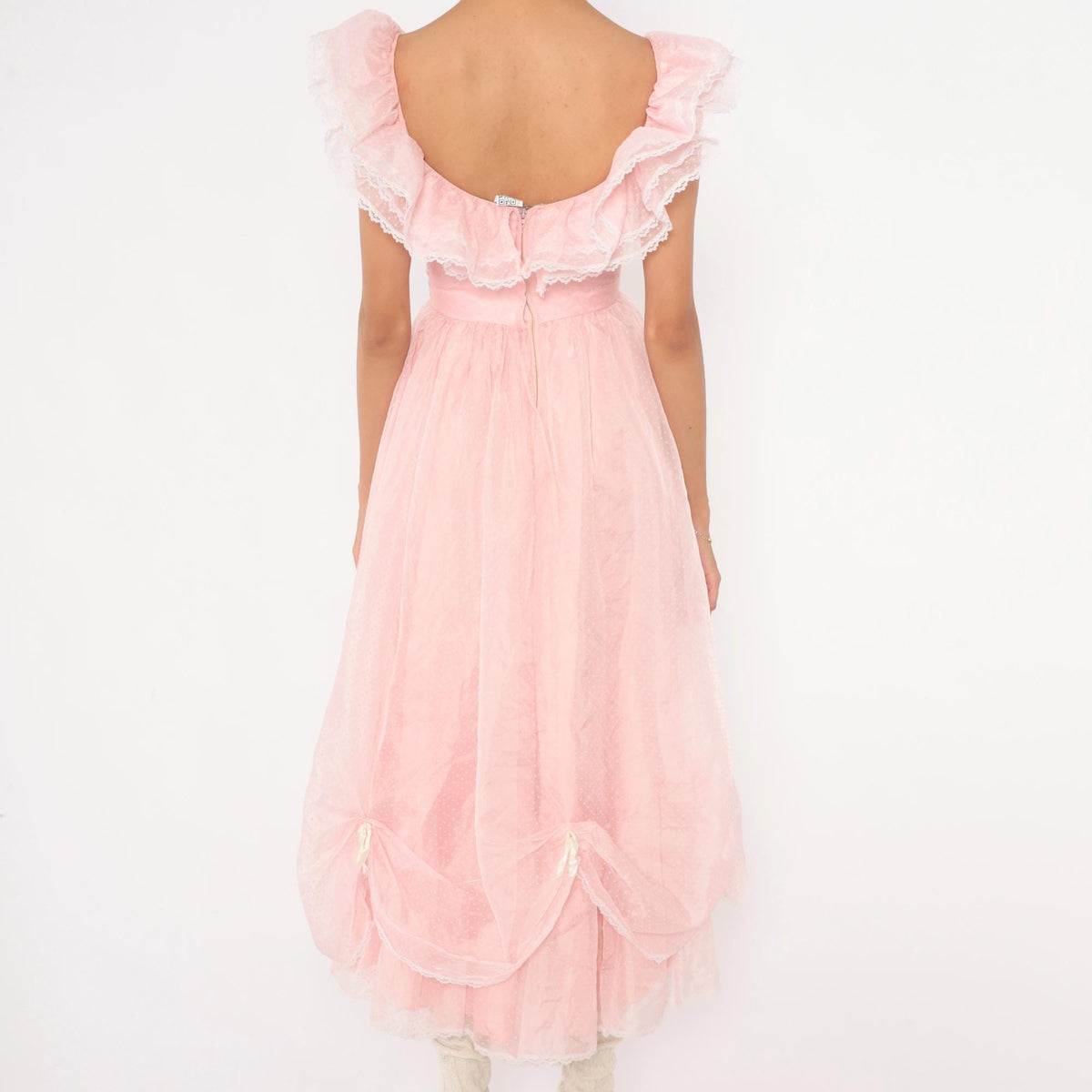 70s Pink Swiss Dot Midi Party Dress Ruffle Neckline Lace Trim XXS