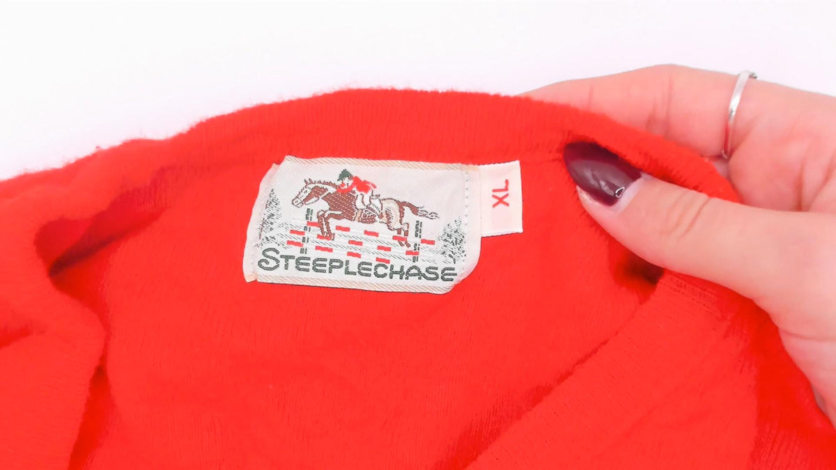 80s Steeplechase Red V-Neck Sweater Embroidered Horse Equestrian Knit Large