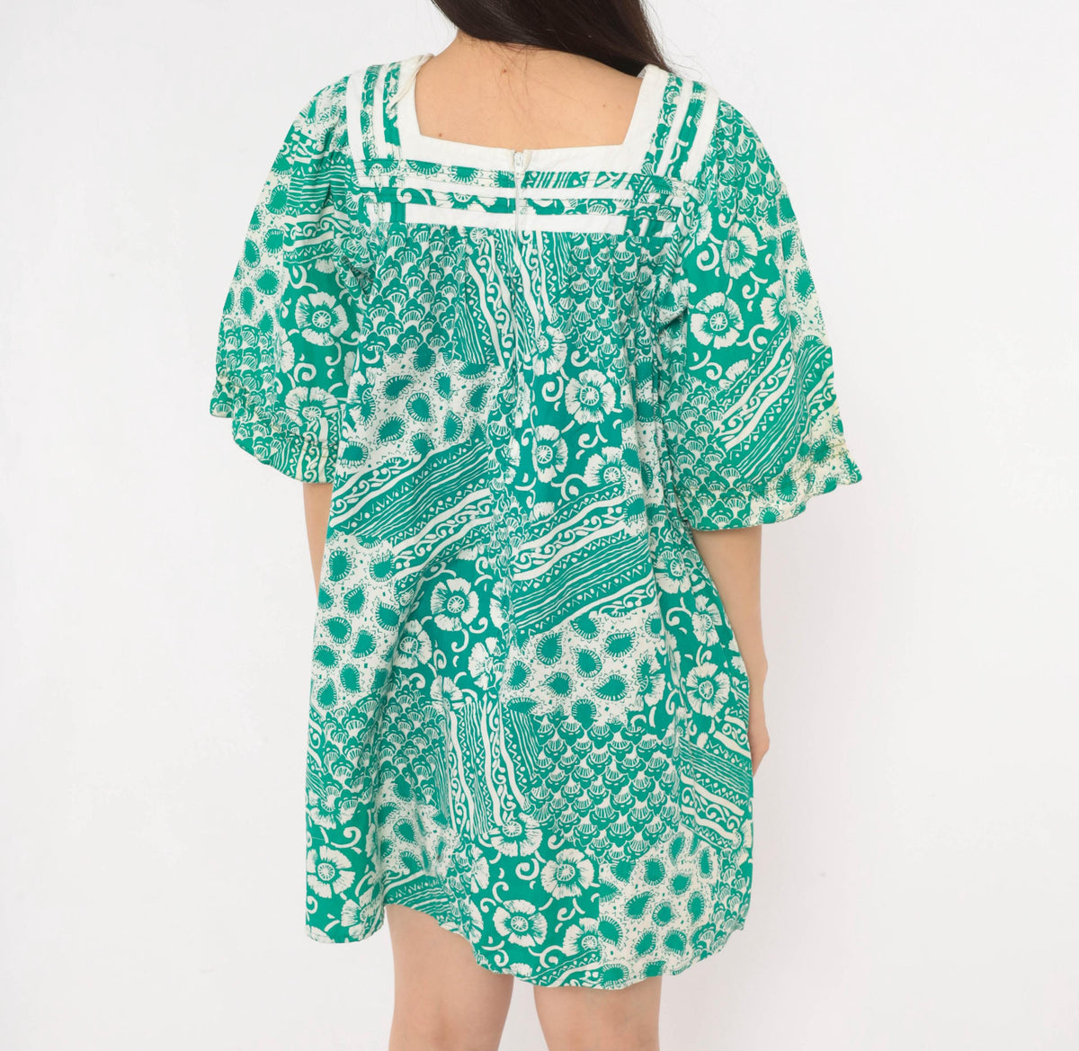 90s Expressions Teal Batik Floral Cotton Dress Square Neck Puff Sleeve Medium M