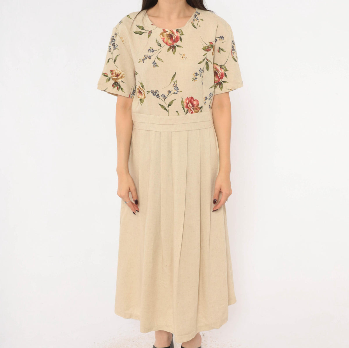 90s Just in Thyme Floral Midi Dress Cream Rose Print A-Line Large L