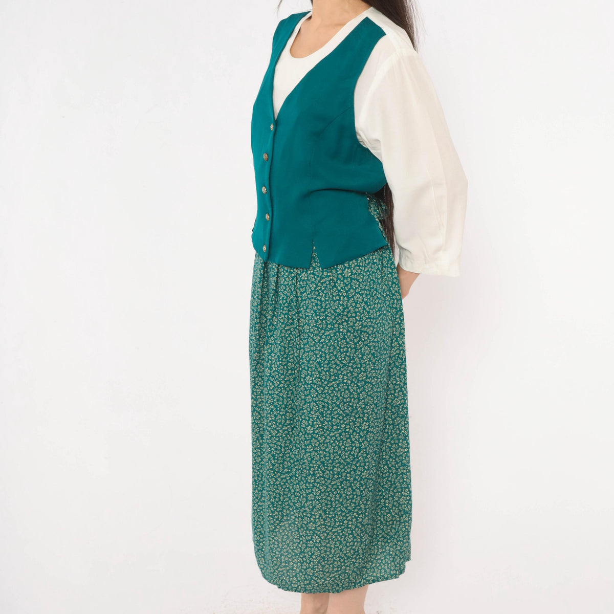 90s Olivia Rose Ditsy Floral Midi Dress Teal Green Vest Bodice Large L