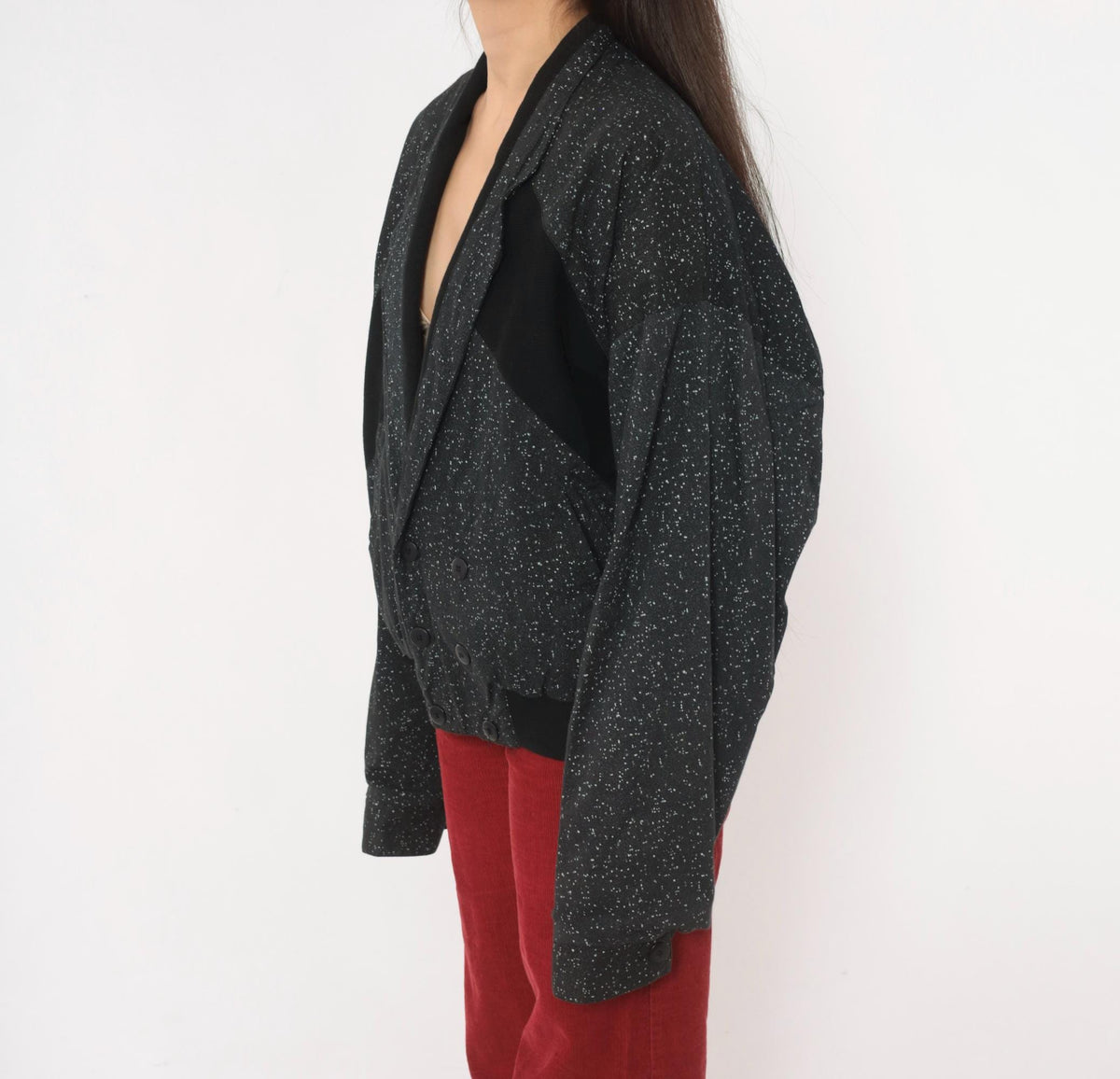 90s Code Zero Black Cotton Bomber Jacket White Speckled Notched Lapel Large L