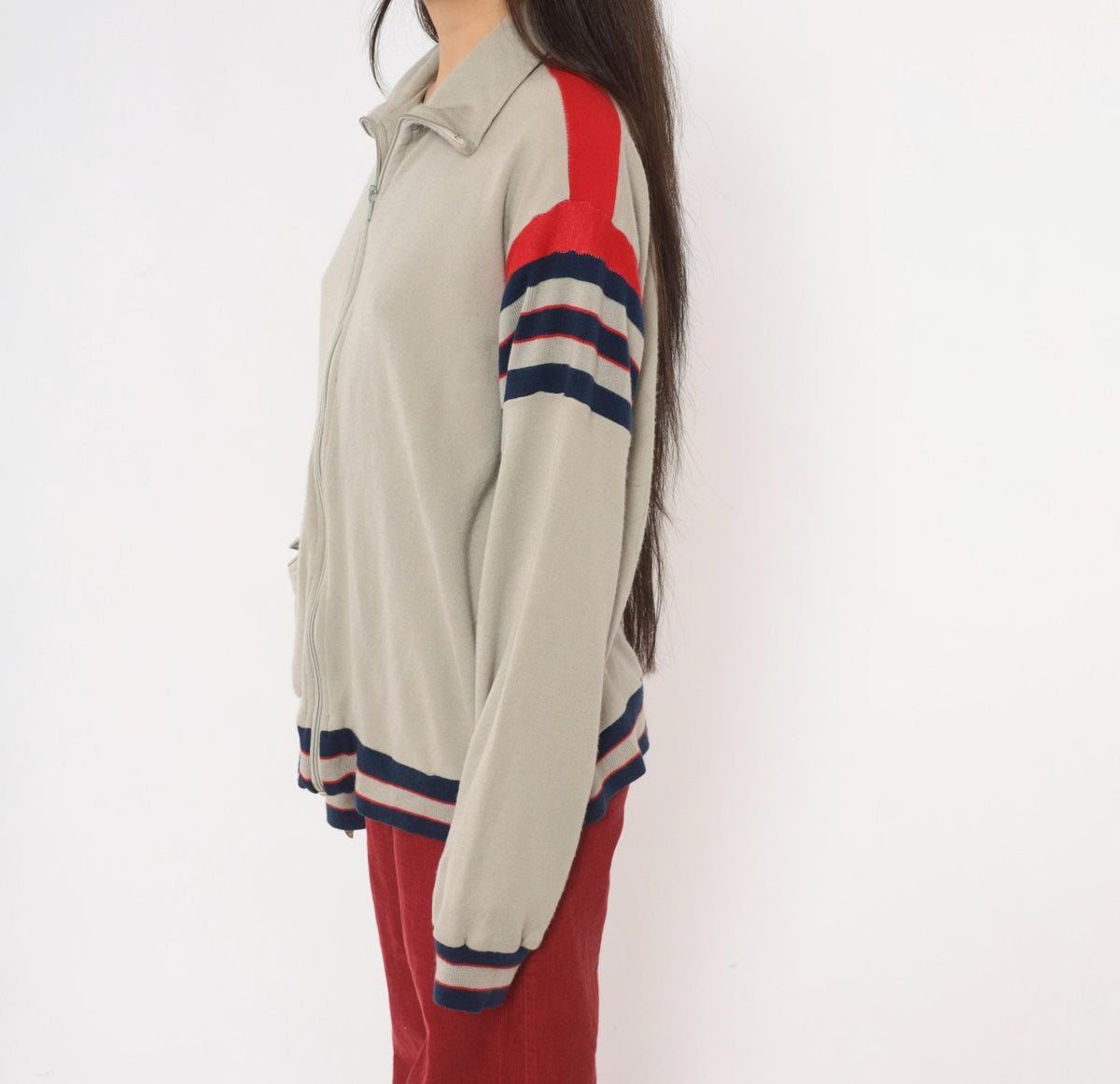 80s Track & Court Zip Jacket Grey Navy Red Stripe Bomber Medium