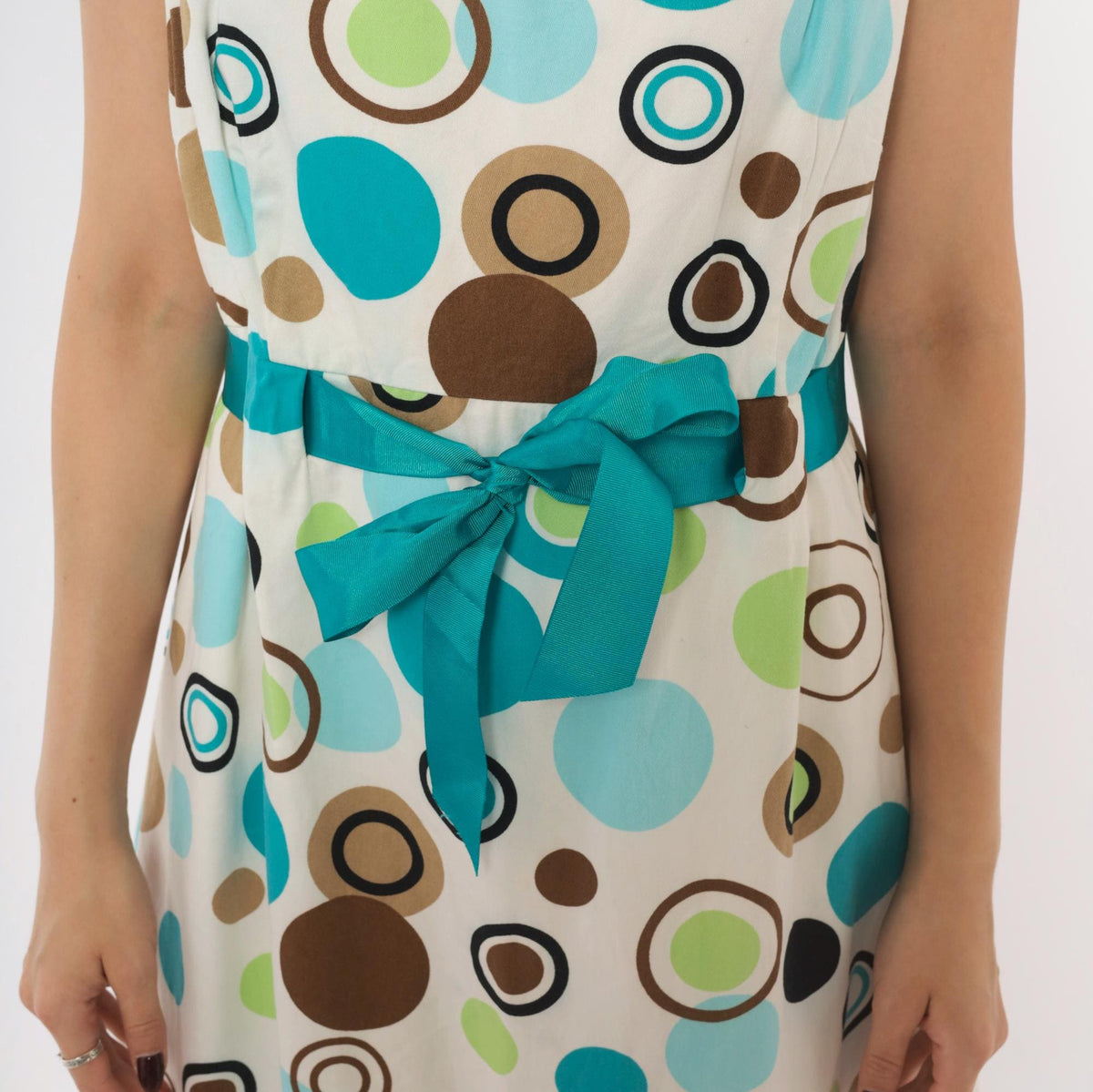 90s Jessica Howard White Polka Dot Sundress Teal Green Brown Knee-Length Large L