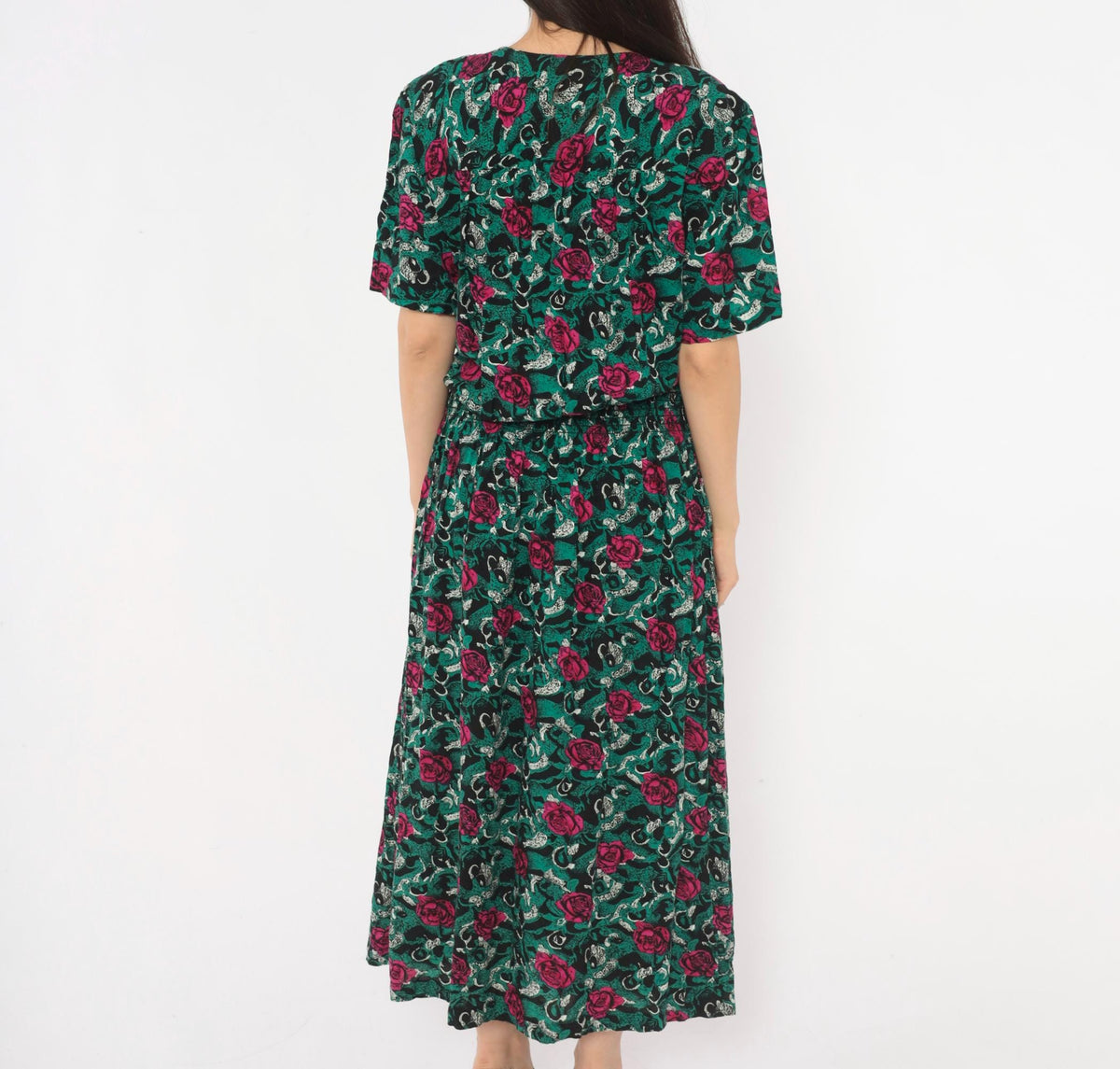 90s Virgo II Rose Print Maxi Dress Teal Pink Button Front Medium
