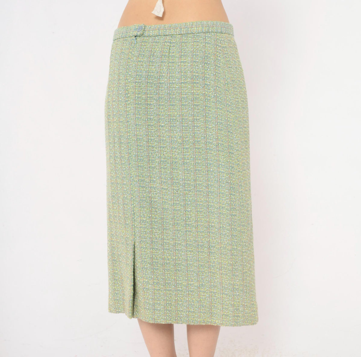 Y2K Green Tweed Midi Skirt Henry Lee Boucle High Waist Pencil Medium M