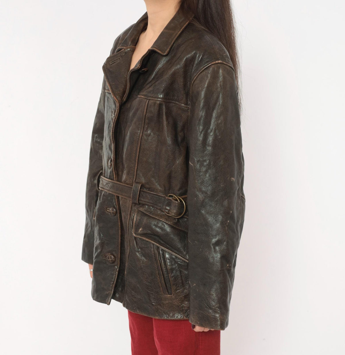 90s Oakwood Brown Leather Jacket Belted Waist Button Front Moto Large