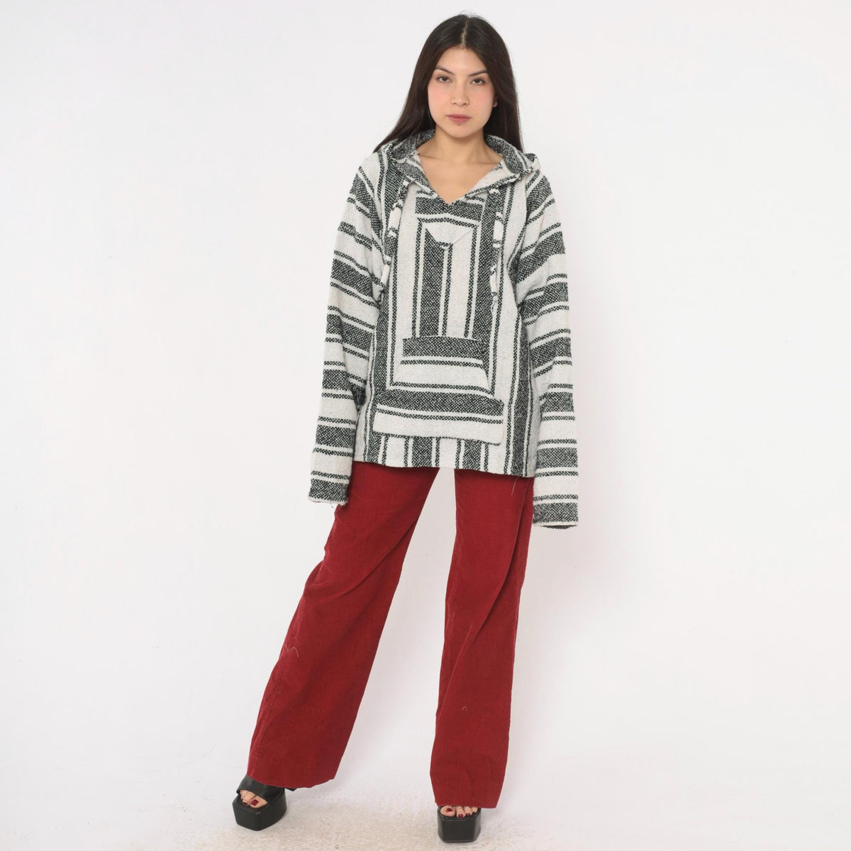 90s Baja Hoodie Black White Striped Woven Pullover Kangaroo Pocket Large L
