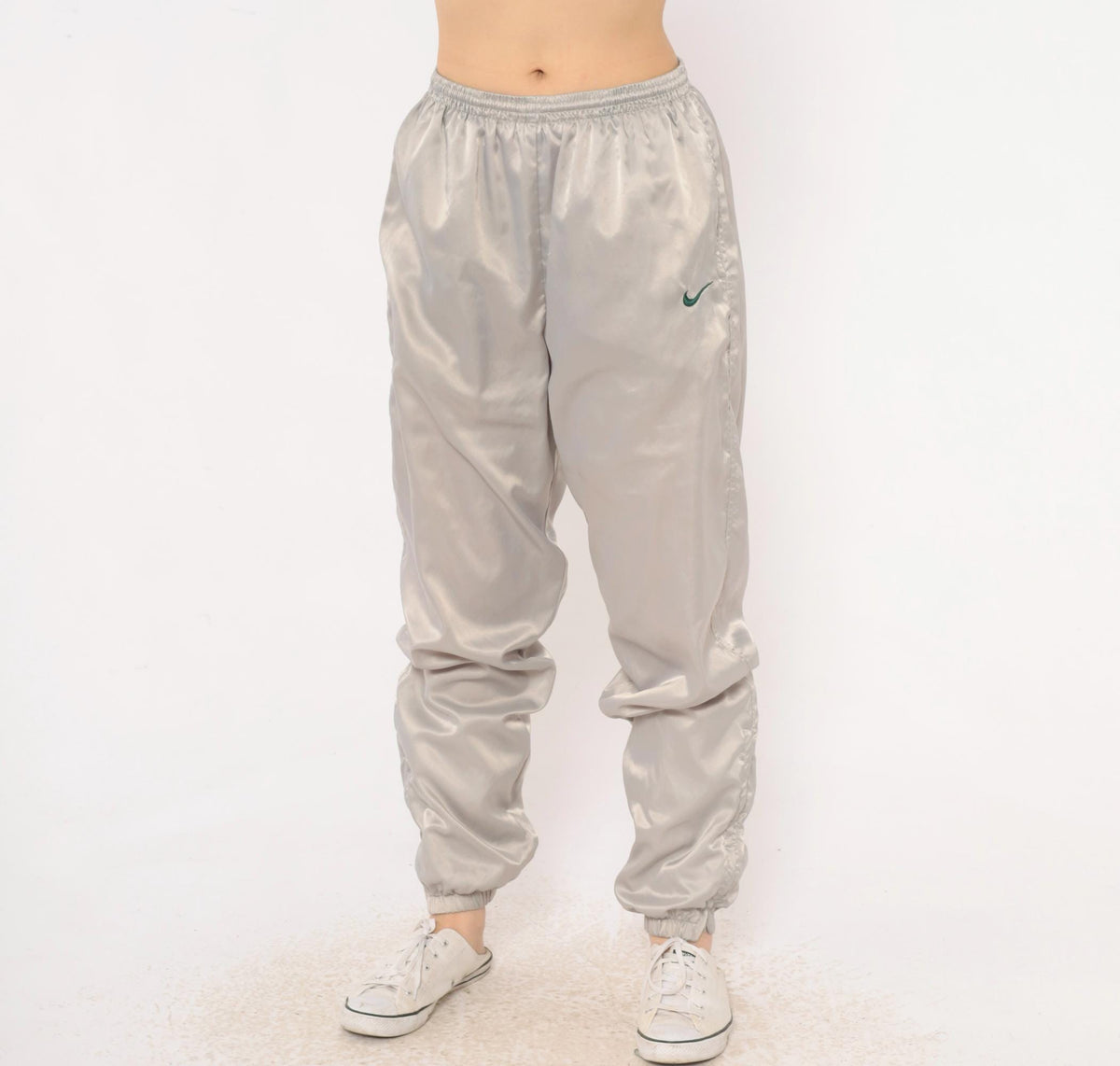 90s Nike Track Pants Grey Nylon Tapered Joggers Ankle Zip Medium M