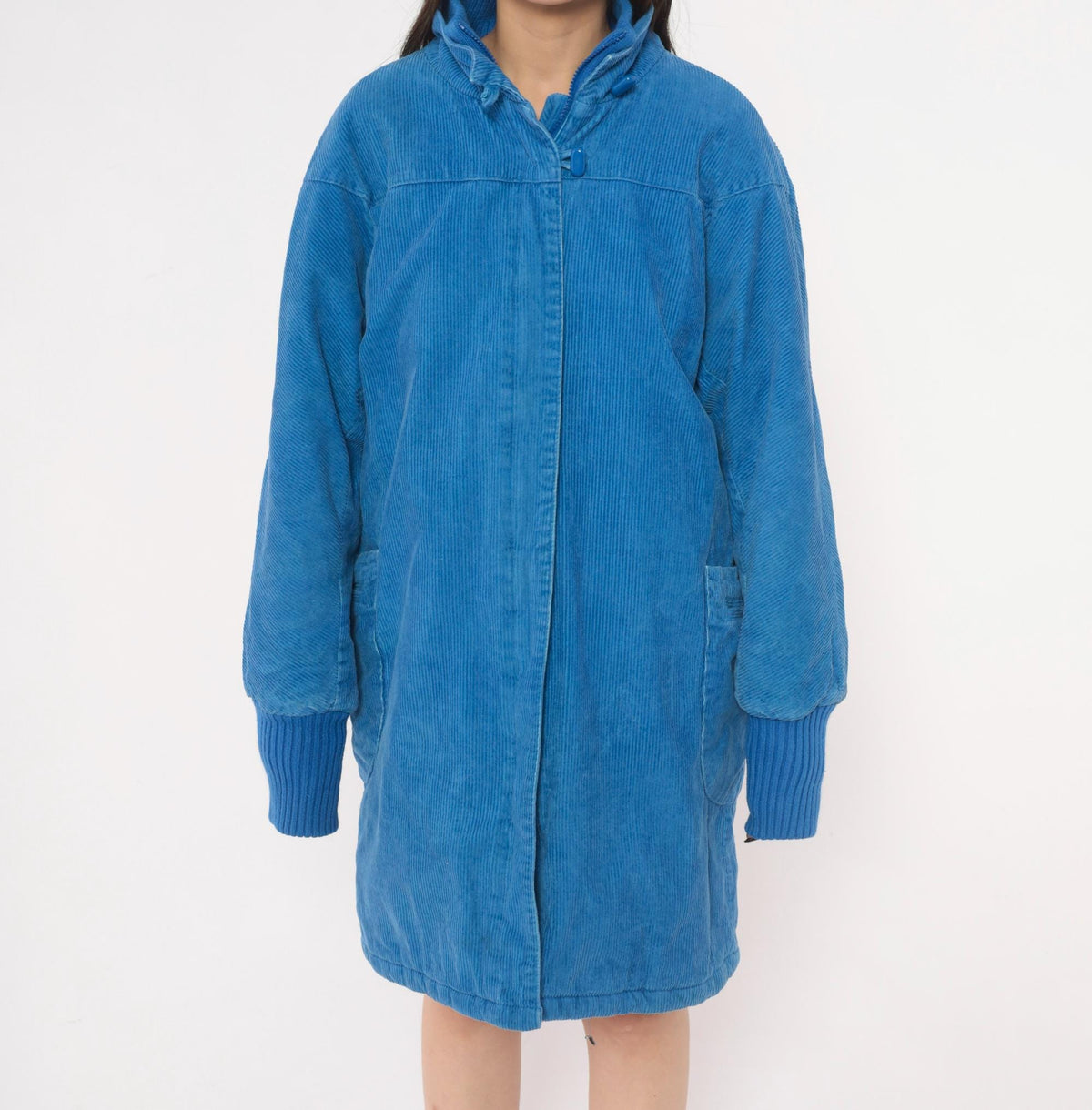 80s Windy Weather Corduroy Coat Blue Zip Front Stand Collar Large L