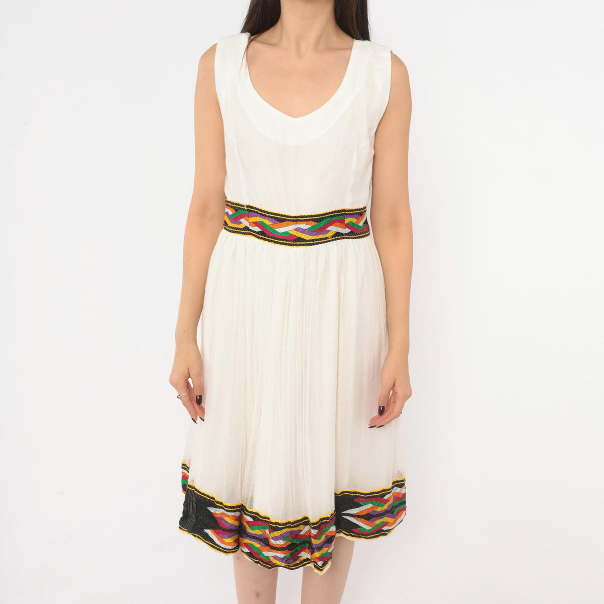 90s White Gauze Knee-Length Dress Ethiopian Habesha Embroidered Tibeb Multicolor Medium