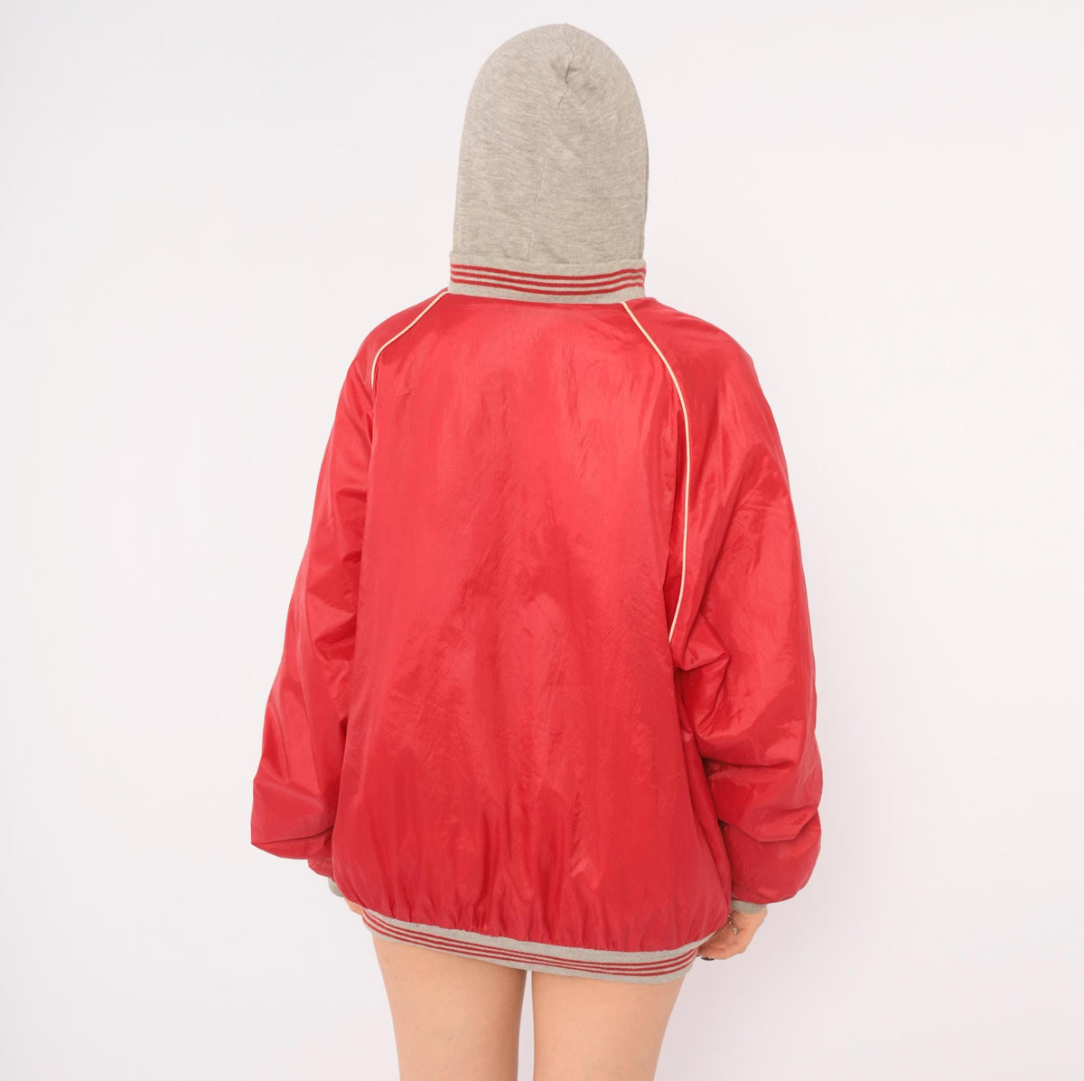 80s Bass Pro Shops Hooded Bomber Jacket Red Grey Raglan Windbreaker Medium