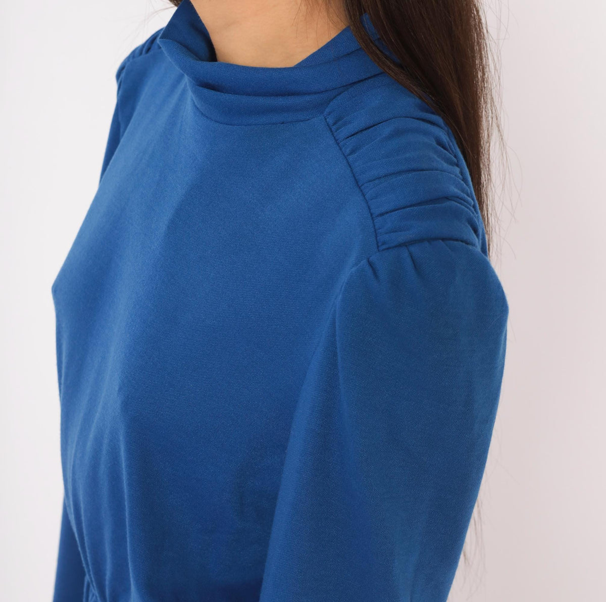 80s Cobalt Midi Dress Puff Shoulder Mock Neck A-Line Pockets Royal Blue Medium M