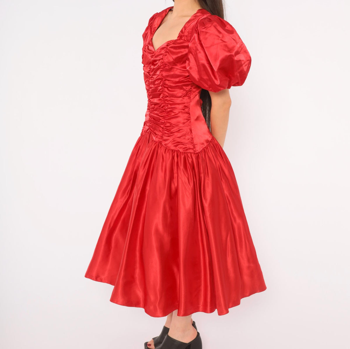 80s Red Prom Dress Sweetheart Neckline Puff Sleeve Open Back Midi Medium