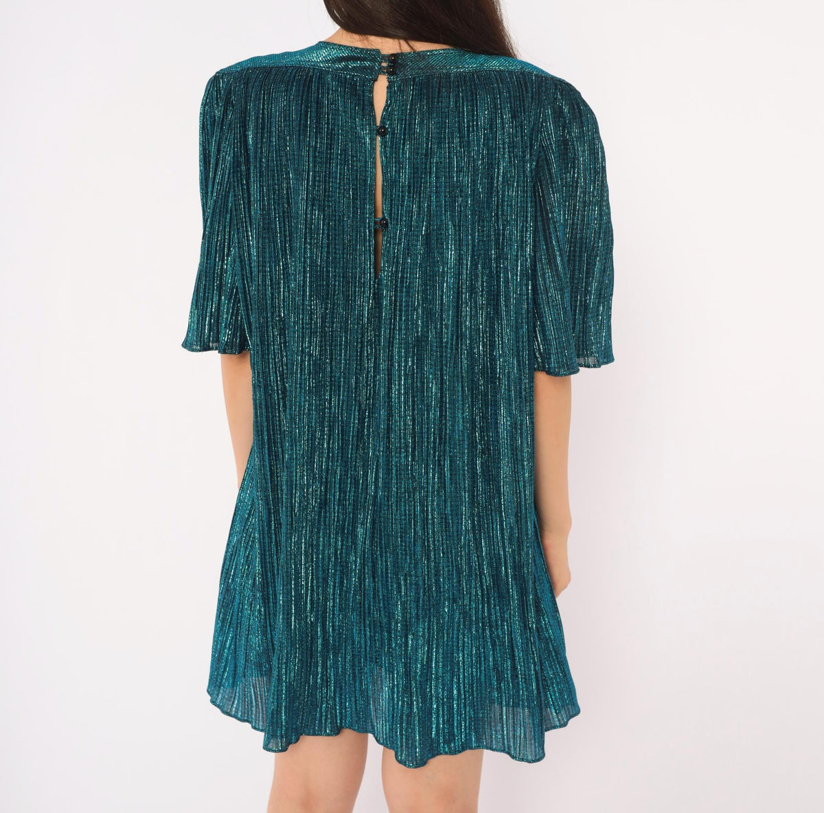 80s Risa Ann Teal Metallic Party Dress Plisse Pleated Flutter Sleeve Large