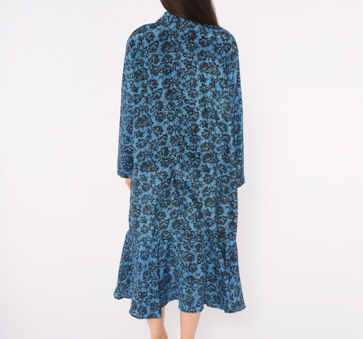 80s Très Paquette Blue Floral Midi Dress Double Breasted V Neck Extra Large