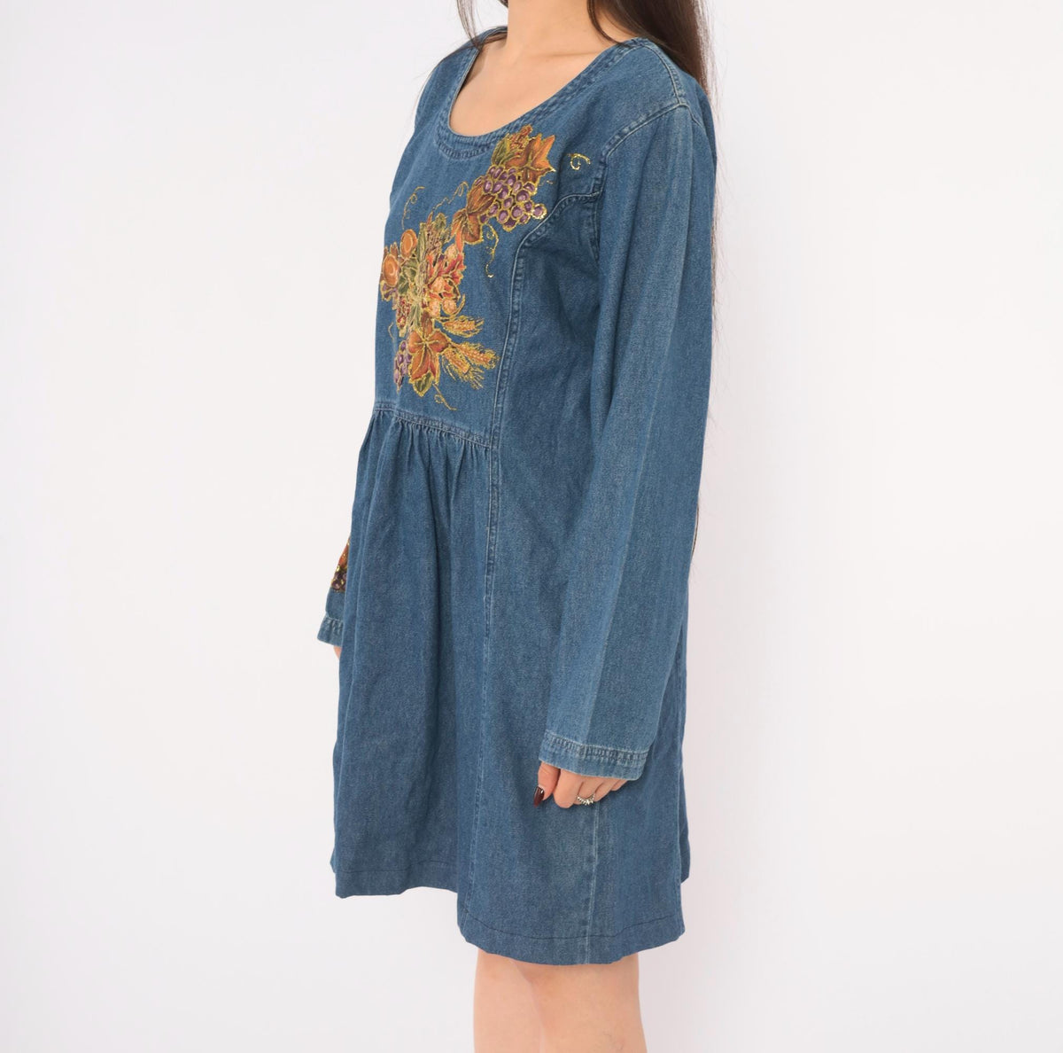 80s Sun Belt Denim Dress Hand Painted Grapes Gold Glitter Blue Cotton Large