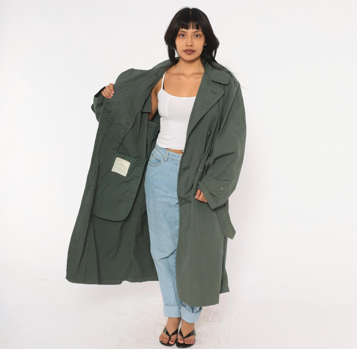 90s Military Trench Coat Grey Olive Double Breasted Long Jacket Medium