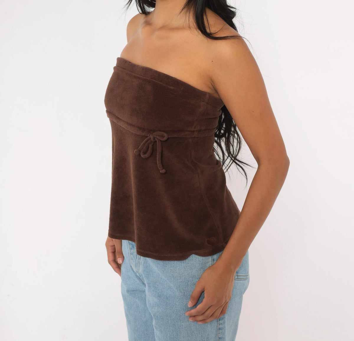 Y2K Brown Terry Tube Top Strapless Drawstring Tie Waist Small