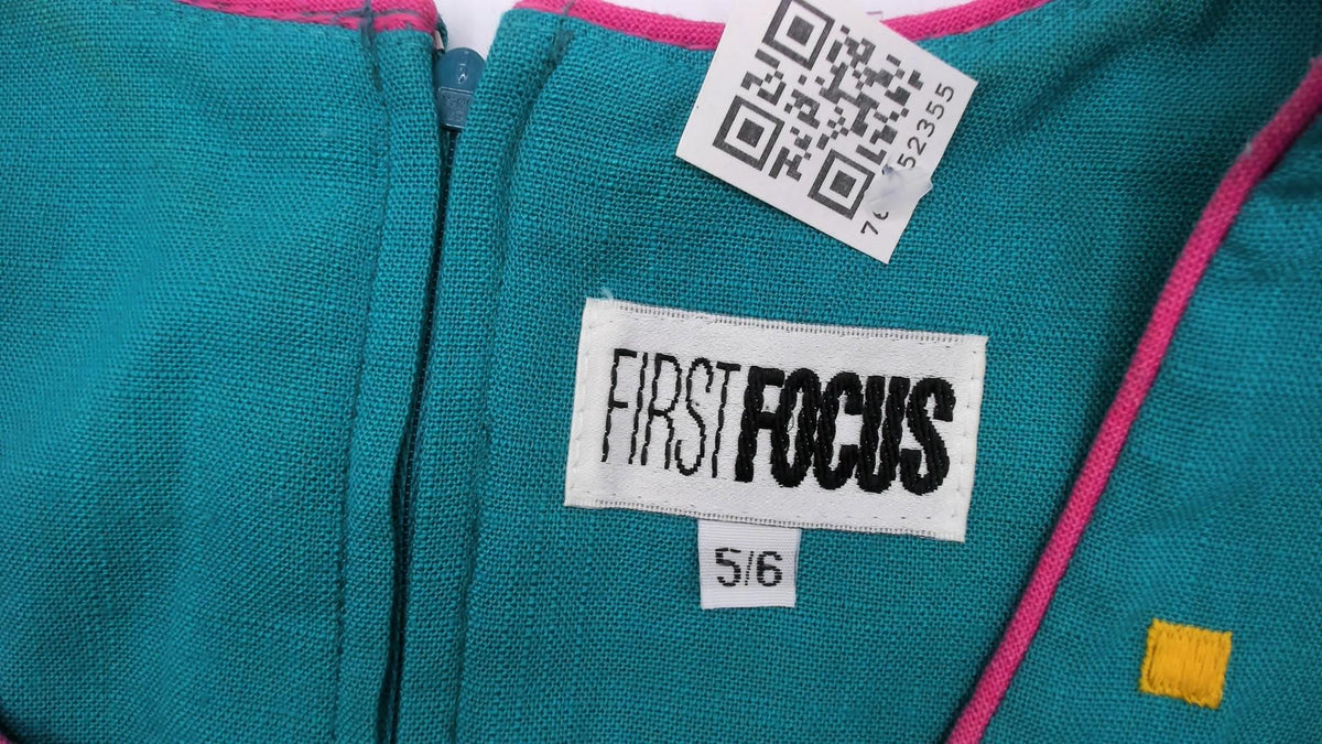 90s First Focus Teal Shift Dress Embroidered Geometric Scoop Neck Small