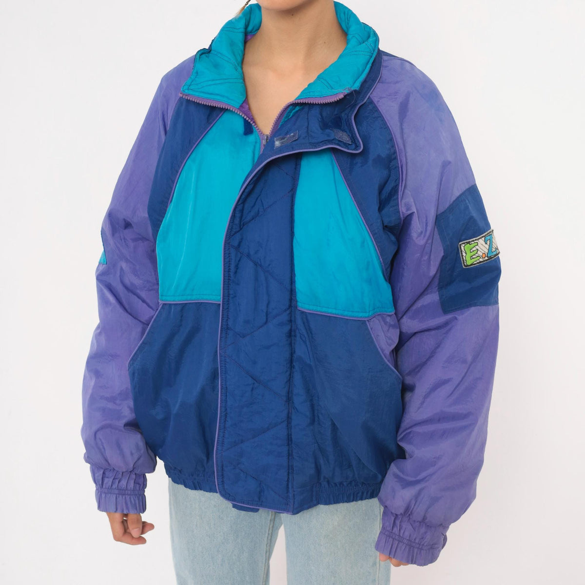 90s EZ Color Block Windbreaker Jacket Blue Purple Teal Quilted Small