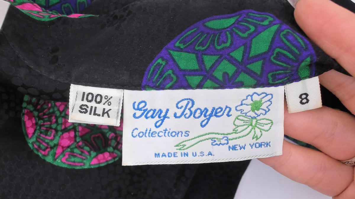 80s Gay Boyer Collections Black Silk Midi Dress Medallion Print Mandarin Collar Medium