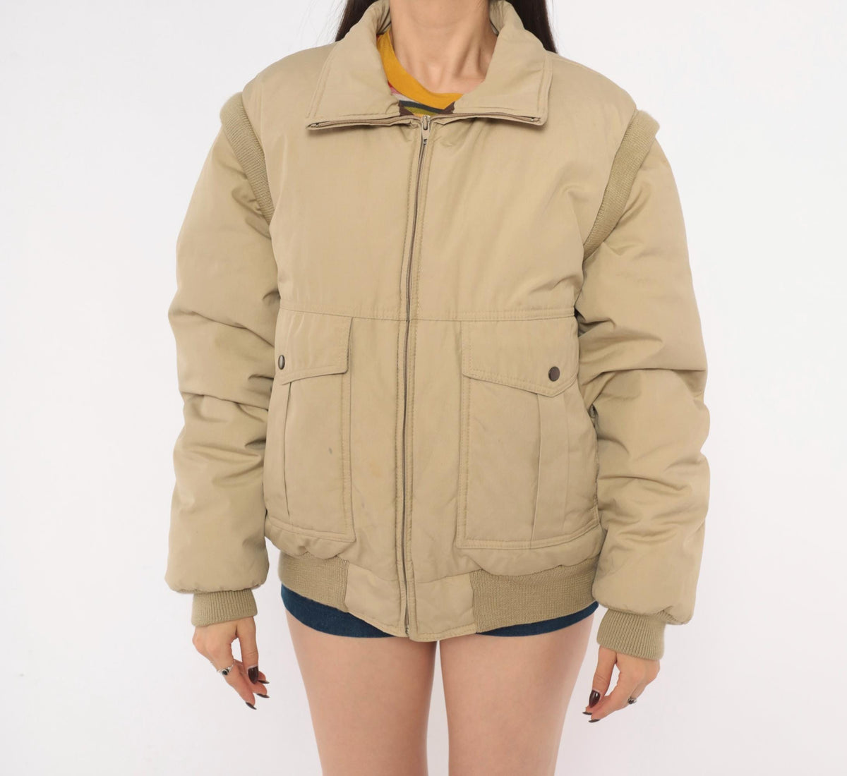 70s Natural High Down Bomber Jacket Convertible Zip-Off Sleeves Tan Medium
