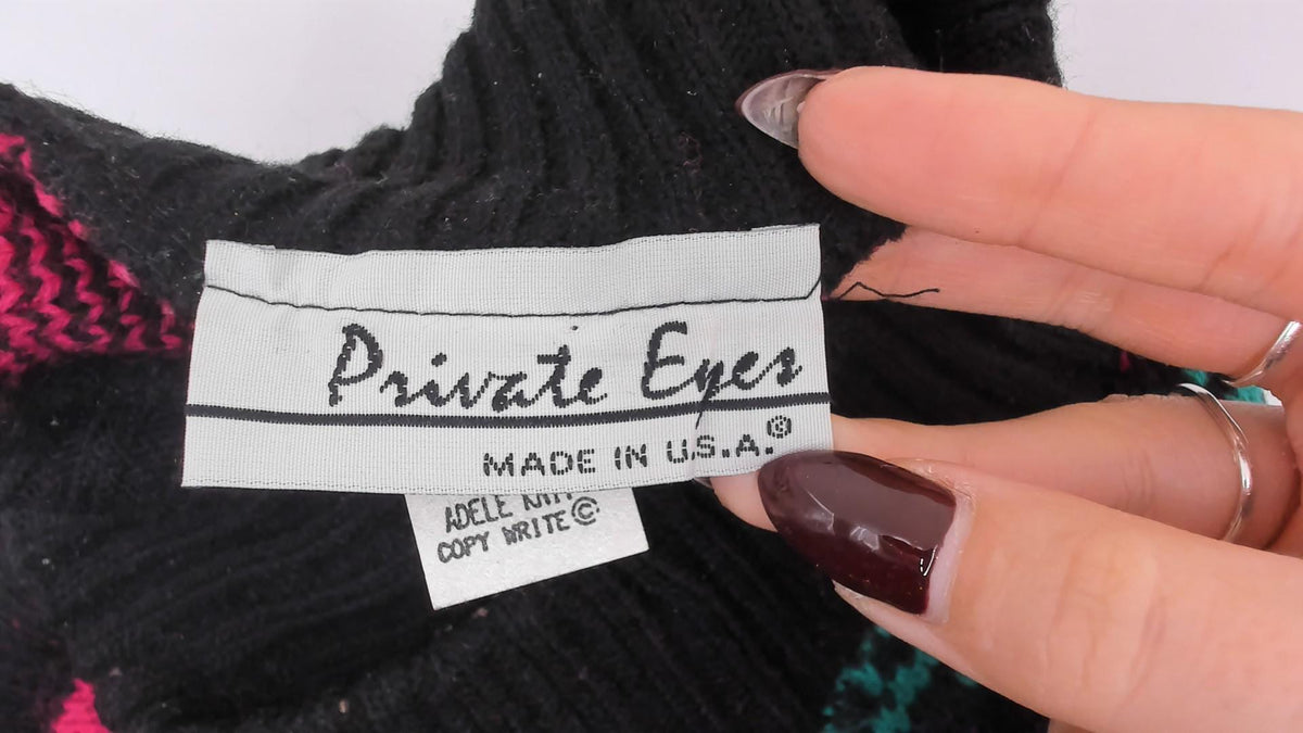 90s Private Eyes Fair Isle Sweater Black Rainbow Geometric Knit Large L