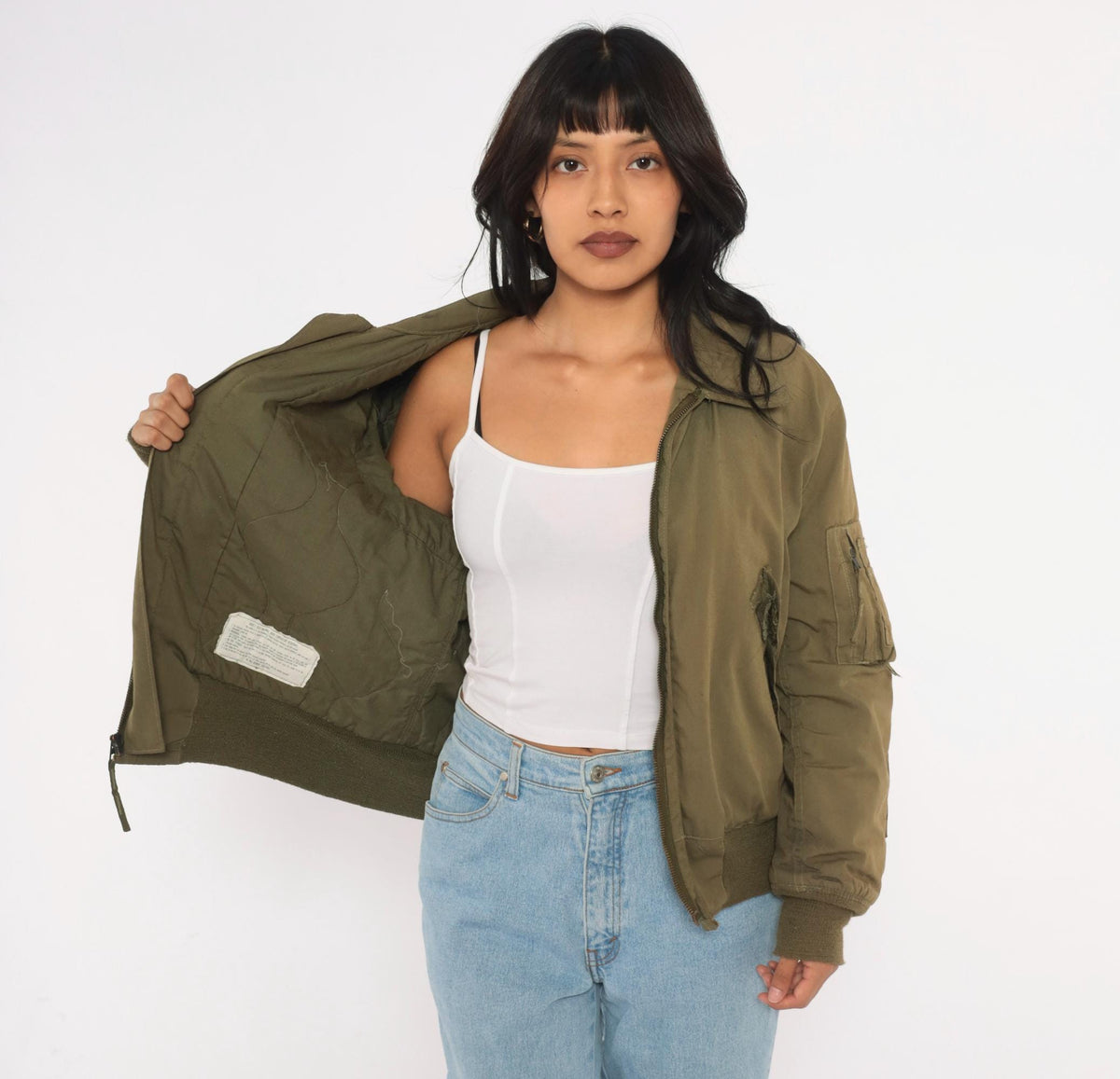 90s Olive Green Military Flight Jacket Bomber Zip Front Medium
