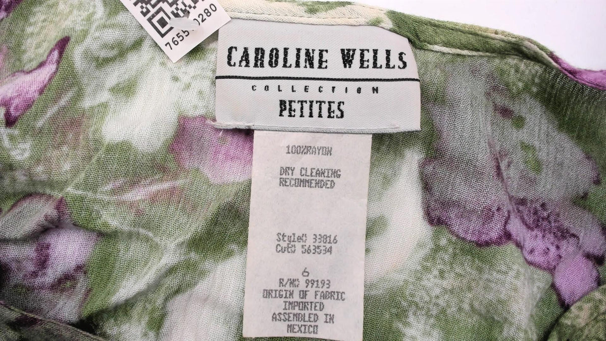90s Caroline Wells Floral Midi Dress Green Purple Watercolor Small S