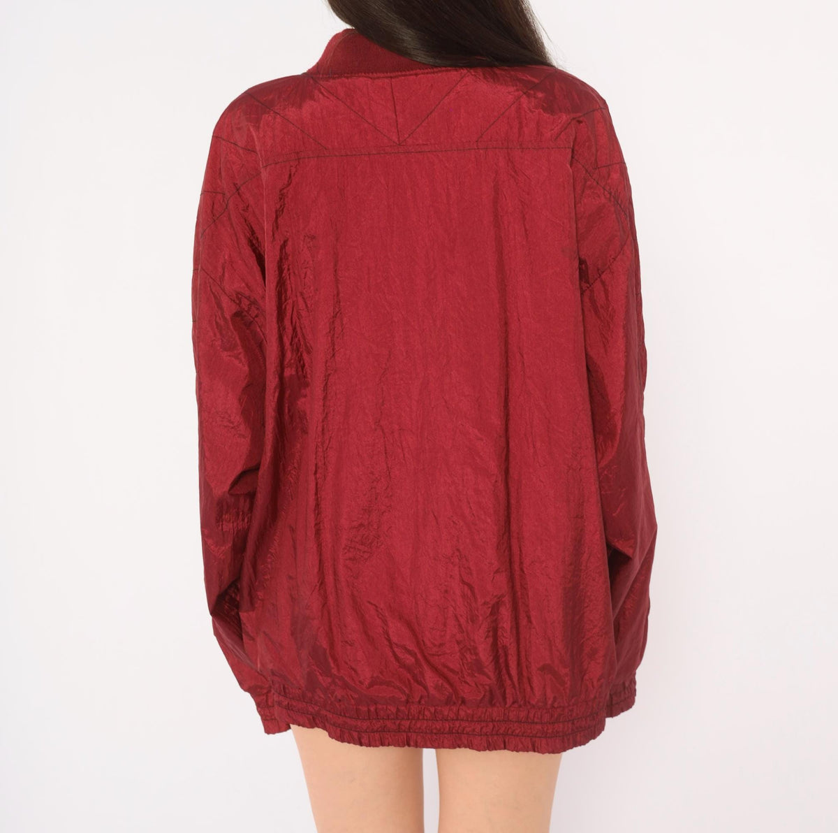 80s Burgundy Bomber Jacket Nylon Windbreaker Snap Collar Lined Large L