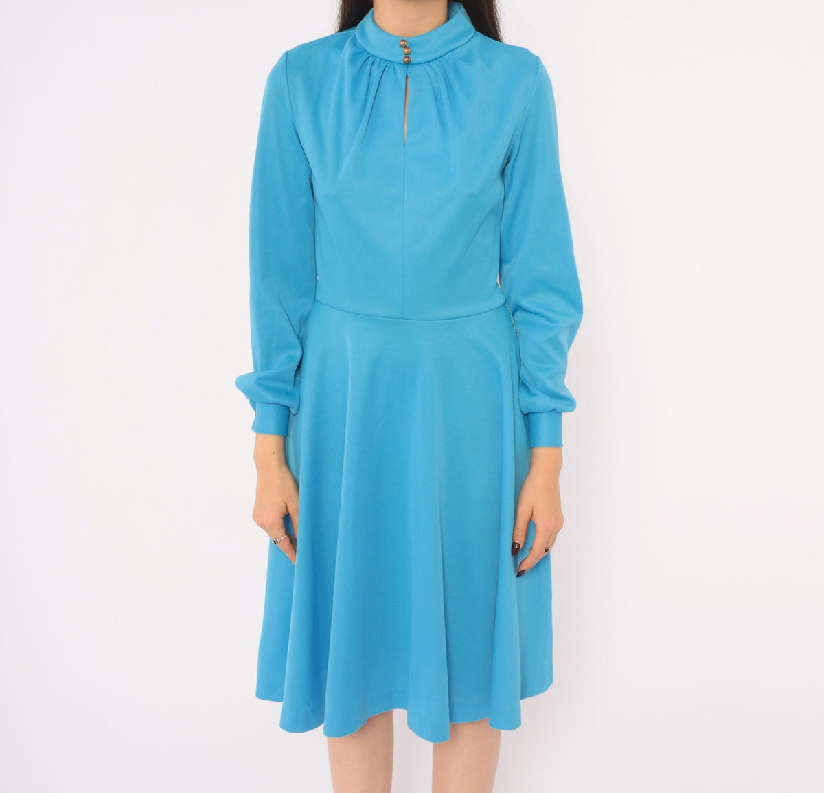 70s Sky Blue A-Line Dress Long Sleeve Keyhole Gold Buttons Small S