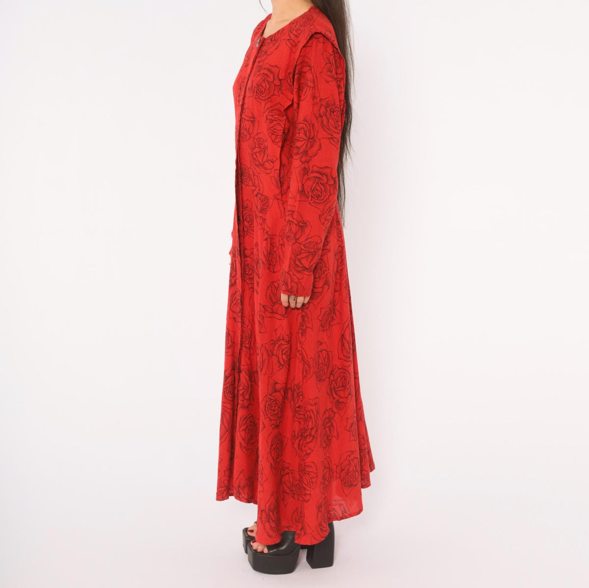 80s Red Rose Print Linen Dress Black Floral Ankle Length Button Front Medium