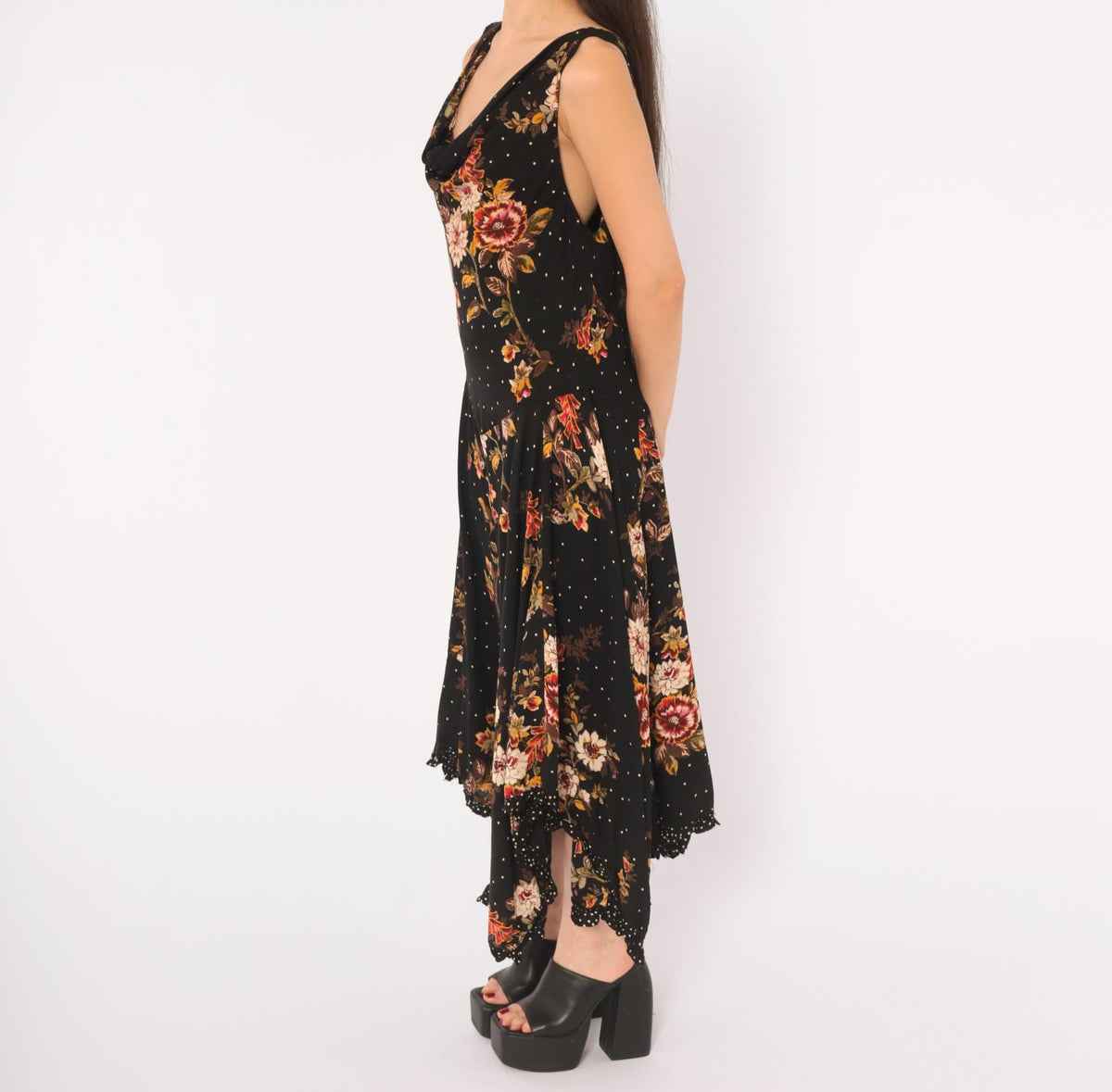 90s Black Floral Midi Dress Cowl Neck Handkerchief Hem Medium M