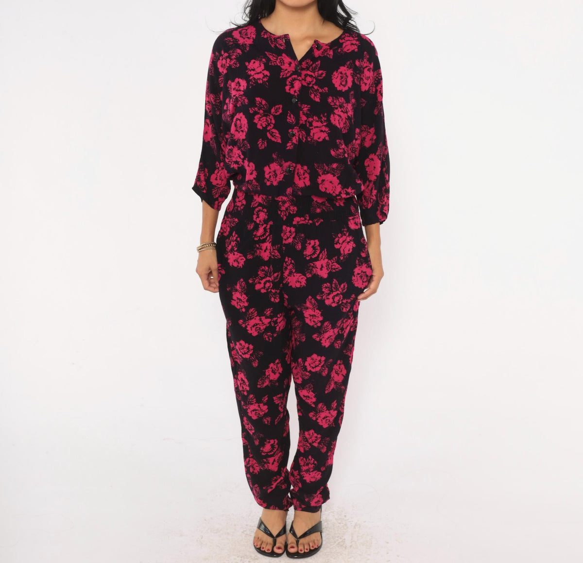 90s Joni Blair Floral Jumpsuit Black Pink Rose Button Front Dolman Medium