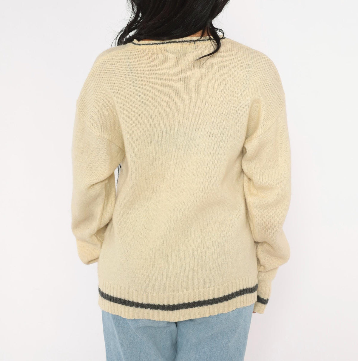 80s Cream Wool Sweater Geometric Star Pattern Knit Pink Blue Yellow Large L