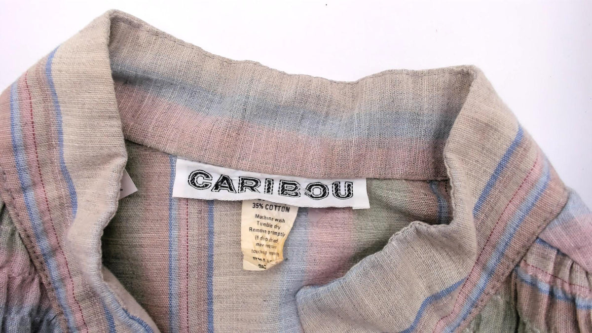 80s Caribou Pastel Striped Cotton Blouse Tie Sleeve Collared V Neck Large L